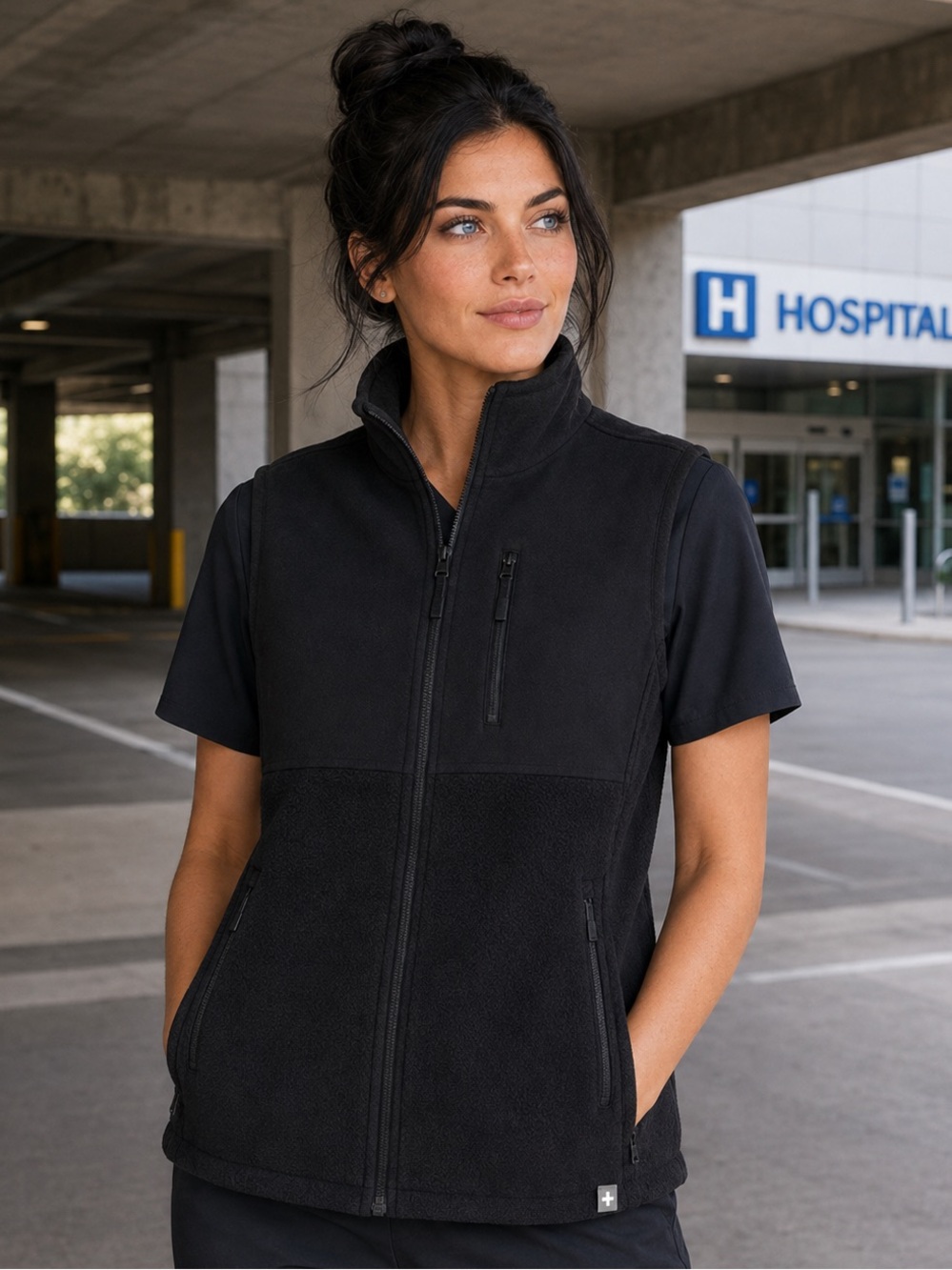 FIGS Discontinued Mixed Media Vest Black Full Zip Utility Size Medium